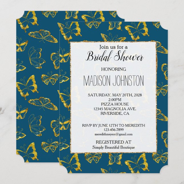 Invitation Élégante Fête des mariées de papillons Turquoise B (Devant / Derrière)