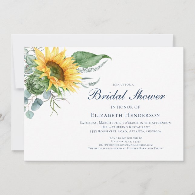 Invitation Elégante Fête des mariées de tournesol aquarelle (Devant)