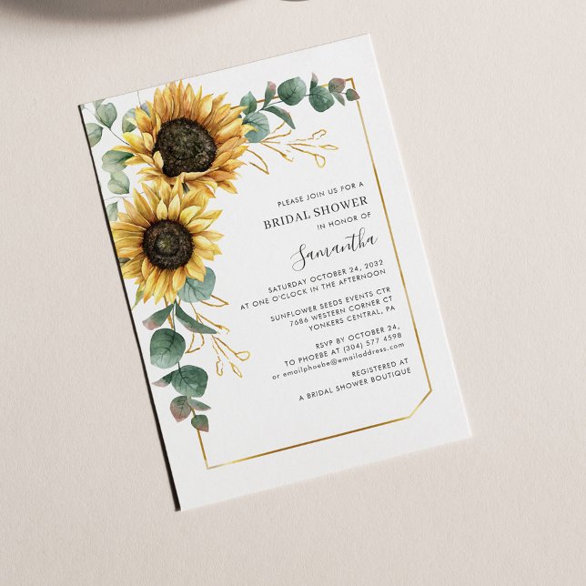 Invitation Elégante Fête des mariées de tournesol floral Euca (Watercolor Sunflower Eucalyptus Bridal Shower Invitation)