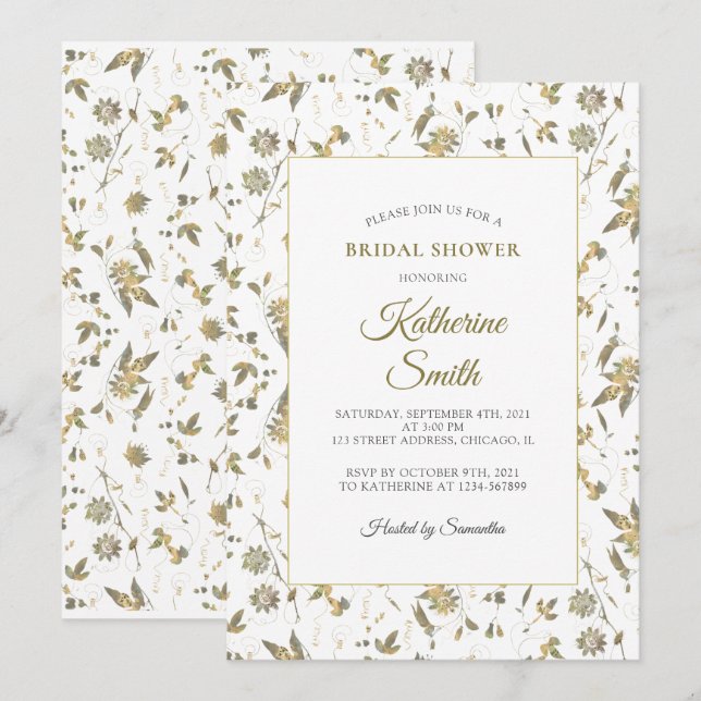 Invitation Elégante Fête des mariées de vin aux fleurs d'or (Devant / Derrière)