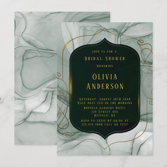 Invitation Élégante Fête des mariées Emerald Green Gold Frame (Devant / Derrière)