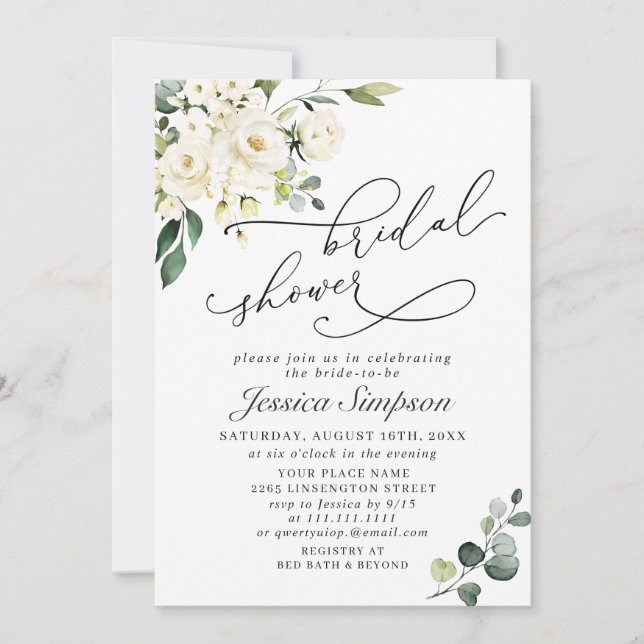 Invitation Elégante Fête des mariées Eucalyptus White Roses (Devant)