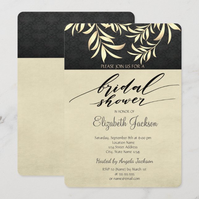 Invitation Elégante Fête des mariées Feuille Faux Gold (Devant / Derrière)