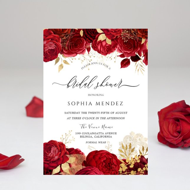 Invitation Élégante Fête des mariées feuille or Roses rouges (Créateur téléchargé)