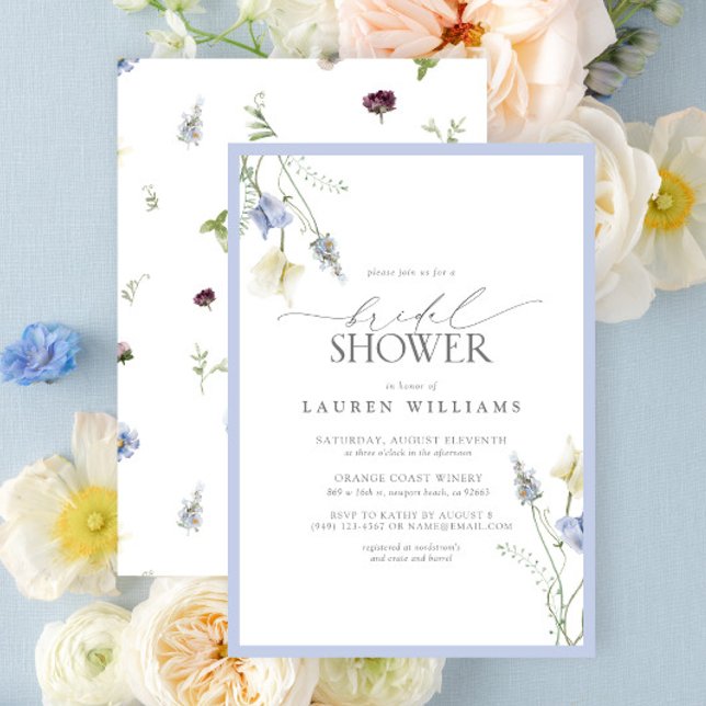 Invitation Elégante Fête des mariées Fleur sauvage bleu Dusty (Elegant Dusty Blue Wildflower Bridal Shower Invitation)
