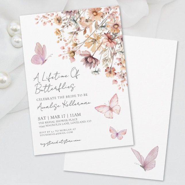 Invitation Élégante Fête des mariées Fleur sauvage papillon (Elegant Butterfly Wildflowers Bridal Shower Invitation)