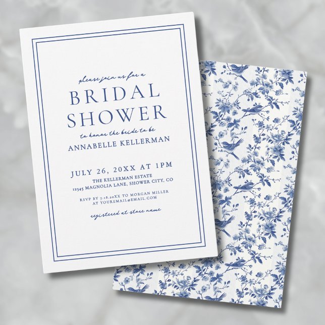 Invitation Elégante Fête des mariées florale aux oiseaux de C (Elegant Blue Chinoserie Bird Floral Bridal Shower Invitation)
