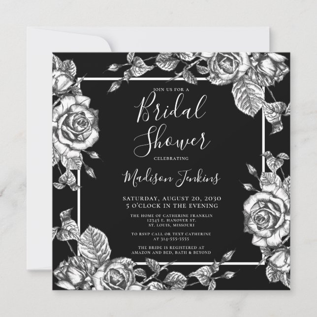 Invitation Elégante Fête des mariées florale blanche noire (Devant)