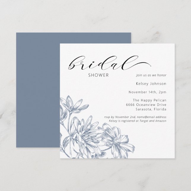 Invitation Elégante Fête des mariées florale bleu Dusty (Devant / Derrière)