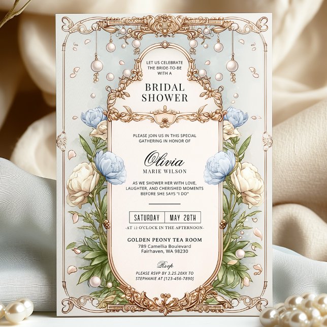 Invitation Elégante Fête des mariées florale bleu et ivoire (Créateur téléchargé)