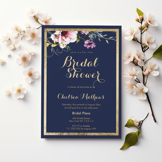 Invitation Elégante Fête des mariées florale bleu marine or r (Elegant navy blue gold pink floral Bridal Shower)