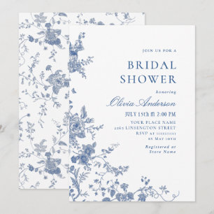 Invitation Elégante FÊTE DES MARIÉES Florale Bleue Victorienn