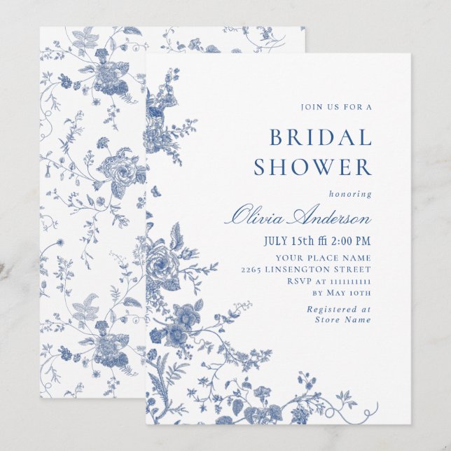 Invitation Elégante FÊTE DES MARIÉES Florale Bleue Victorienn (Devant / Derrière)