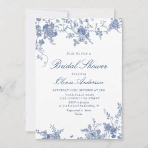Invitation Elégante FÊTE DES MARIÉES Florale Bleue Victorienn