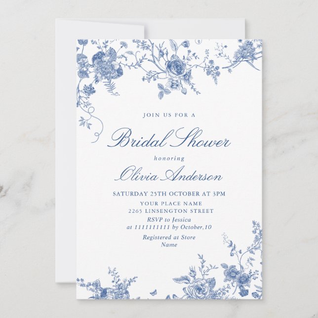 Invitation Elégante FÊTE DES MARIÉES Florale Bleue Victorienn (Devant)