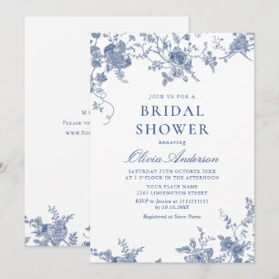 Invitation Elégante FÊTE DES MARIÉES Florale Bleue Victorienn