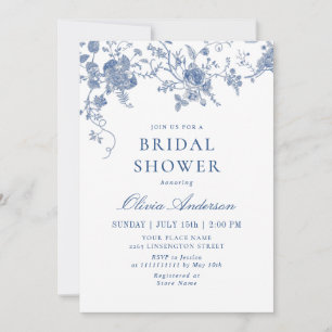 Invitation Elégante FÊTE DES MARIÉES Florale Bleue Victorienn