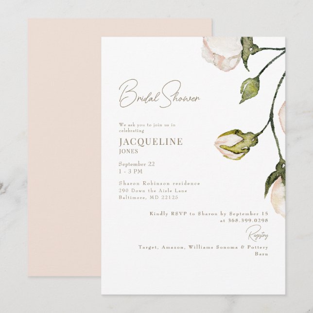Invitation Élégante Fête des mariées florale Blush (Devant / Derrière)