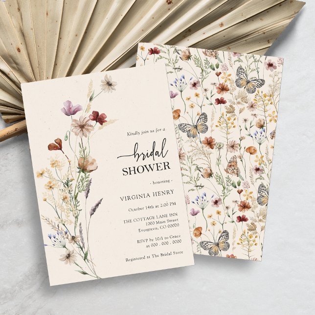 Invitation Elégante Fête des mariées florale Boho (Rustic Boho Wildflower Bridal Shower Invitation with Butterflies by Painted Paperie)