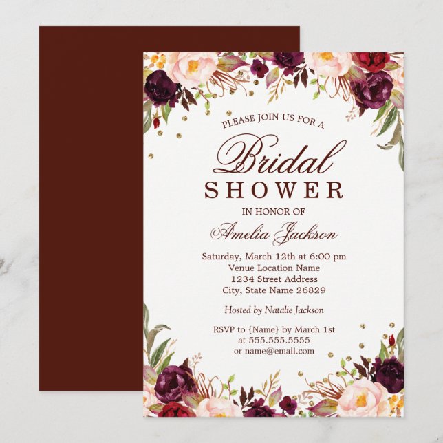 Invitation Elégante Fête des mariées Florale Bourgogne Or (Devant / Derrière)
