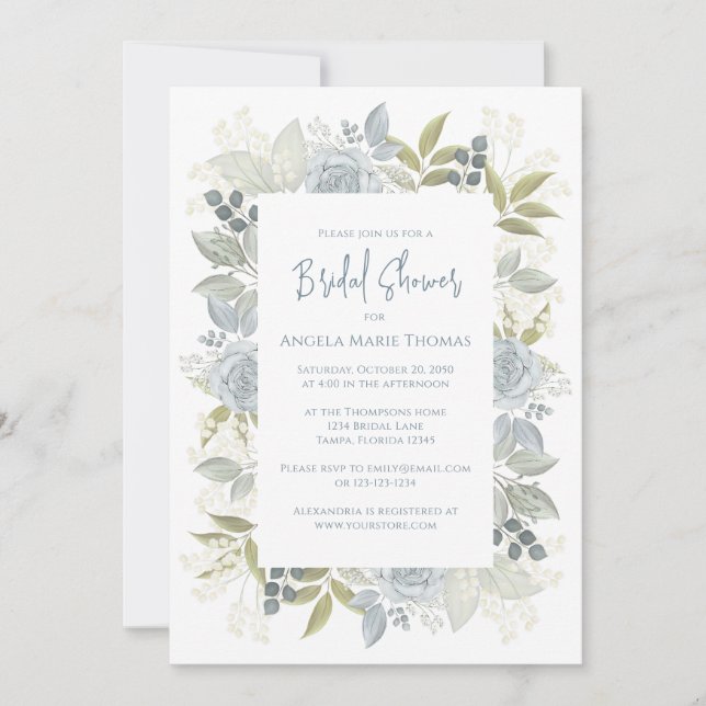 Invitation Elégante Fête des mariées Florale Dusty Blue Roses (Devant)