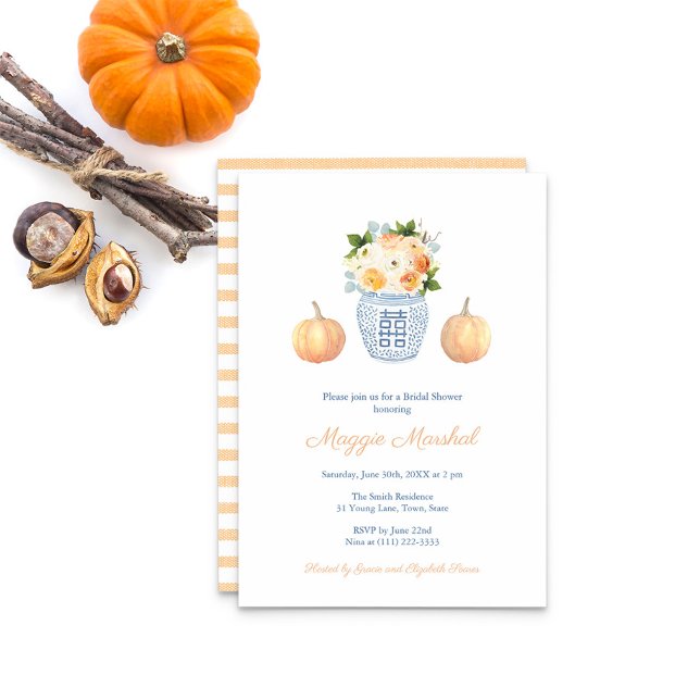 Invitation Elégante Fête des mariées Florale Et Citrouille D' (Pumpkins Ginger Jar Fall Autumn Florals Soft Orange Striped Reverse Bridal Shower Party Invitation)