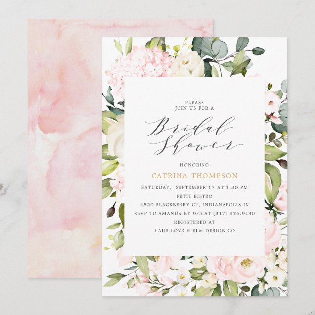 Invitation Élégante Fête des mariées florale et d'Eucalyptus (Devant / Derrière)