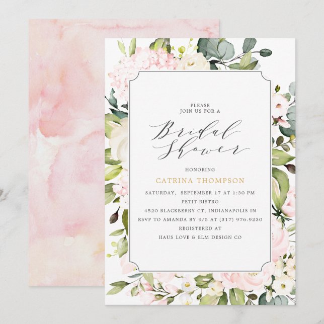 Invitation Élégante Fête des mariées florale et d'Eucalyptus (Devant / Derrière)