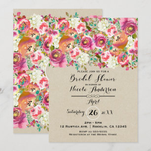 Invitation Elégante Fête des mariées florale et Kraft Shabby 