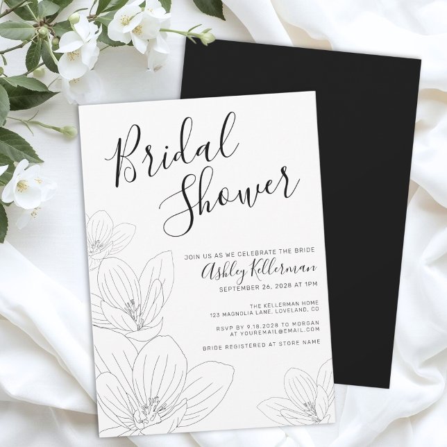 Invitation Elégante Fête des mariées florale noire blanche (Elegant Floral Black White Bridal Shower Invitation)