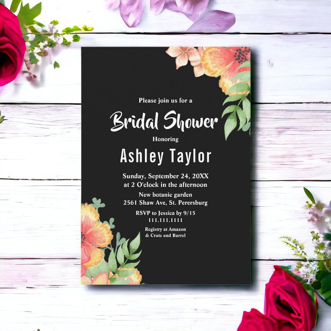 Invitation Elégante Fête des mariées florale noire Fleur sauv (Créateur téléchargé)