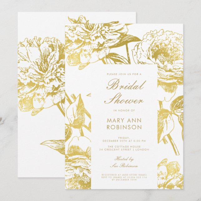 Invitation Elégante Fête des mariées Florale Or (Devant / Derrière)