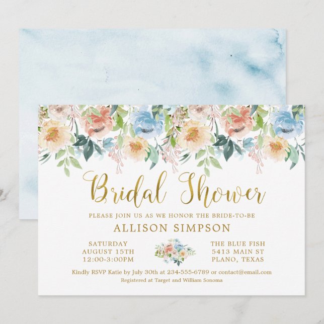 Invitation Elégante Fête des mariées florale Pastel (Devant / Derrière)