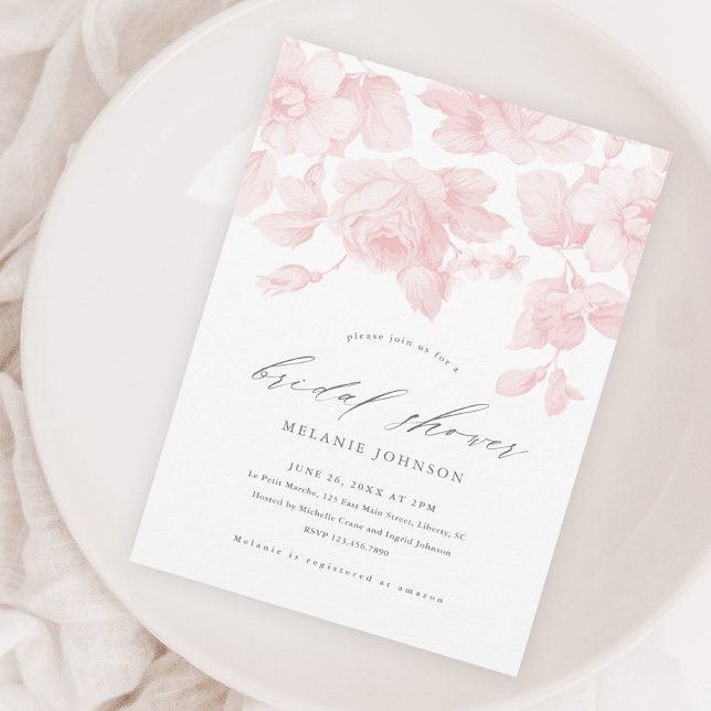 Invitation Élégante Fête des mariées florale rose Script (Elegant pink floral rose bridal shower invitation.)