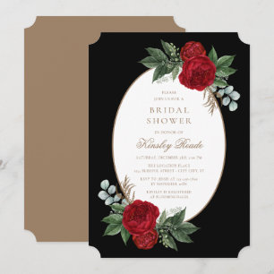 Invitation Elégante Fête des mariées florale rouge noir et or