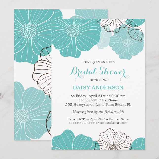 Invitation Élégante Fête des mariées florale verte turquoise  (Devant / Derrière)