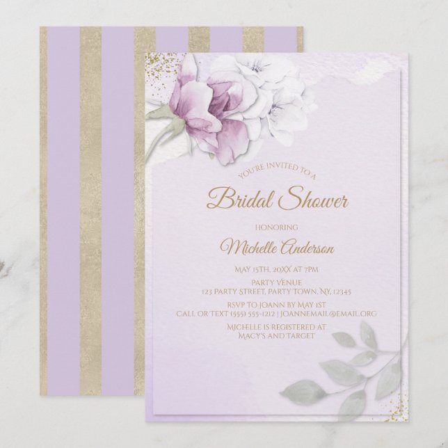 Invitation Élégante Fête des mariées Florale Violet Or (Devant / Derrière)