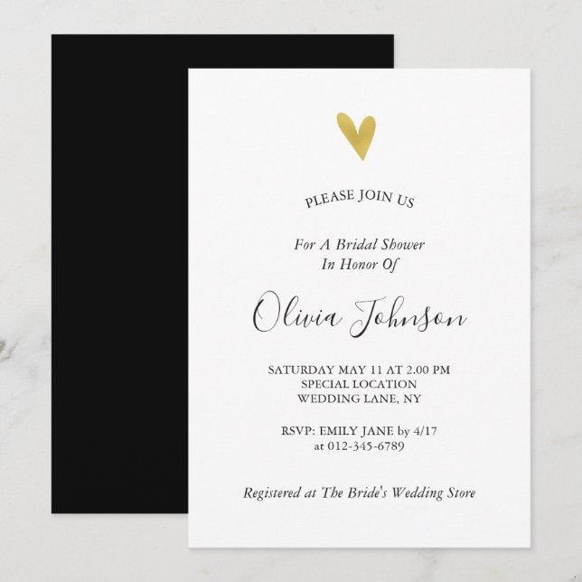 Invitation Elégante Fête des mariées Gold Heart (Devant / Derrière)