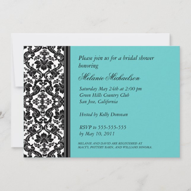 Invitation Elégante Fête des mariées noire Aqua Floral Damask (Devant)