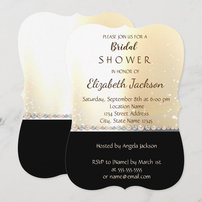 Invitation Elégante Fête des mariées Noire Chic Gold (Devant / Derrière)