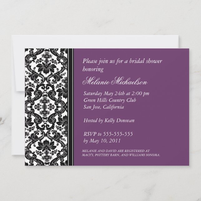 Invitation Elégante Fête des mariées noire violet floral dama (Devant)