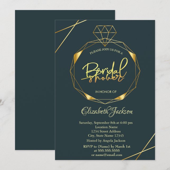 Invitation Elégante Fête des mariées or diamant (Devant / Derrière)