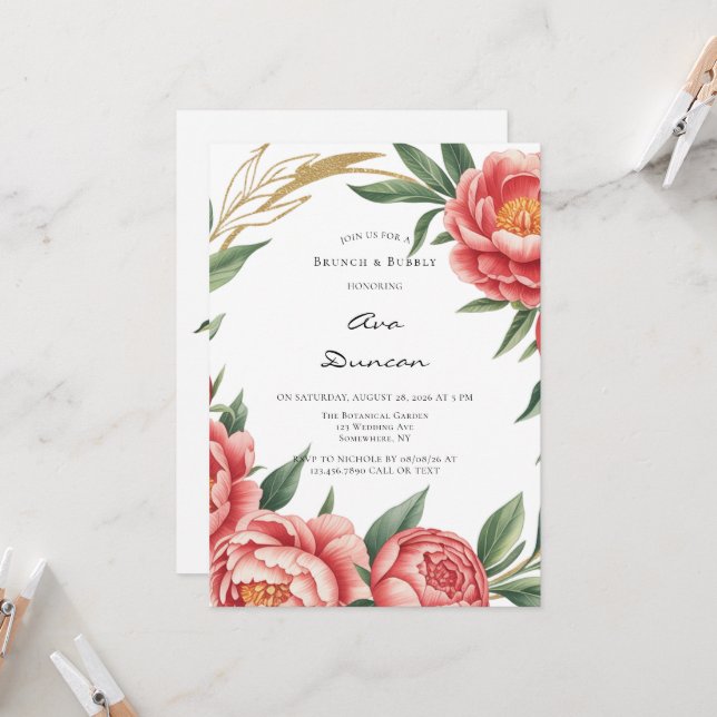 Invitation Elégante Fête des mariées Peony Orange (Devant/Arrière en situation)