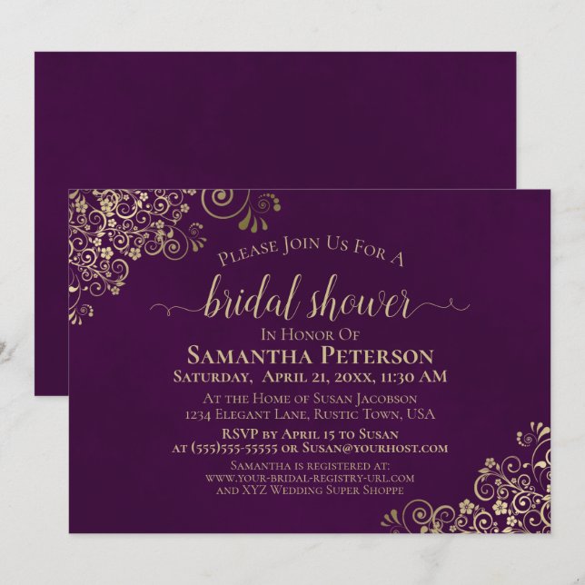 Invitation Elégante Fête des mariées Plum violet & Gold Frill (Devant / Derrière)