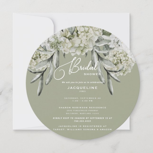 Invitation Elégante Fête des mariées ronde Hydrangea Sage (Devant)