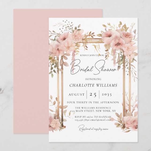 Invitation Elégante Fête des mariées rose Arche florale (Devant / Derrière)