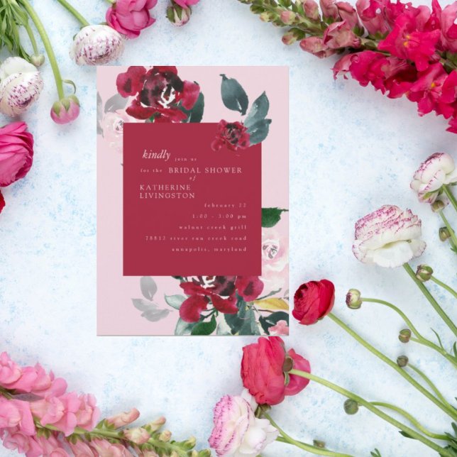 Invitation Élégante Fête des mariées rose et rouge florale (Créateur téléchargé)