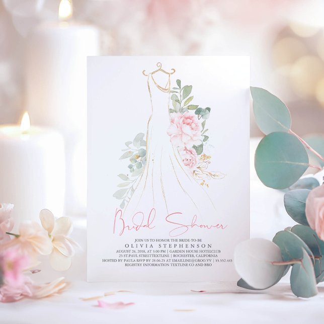 Invitation Elégante Fête des mariées rose et verdure (Pink Floral Dress Bridal Shower Invitation)