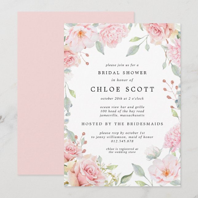 Invitation Elégante Fête des mariées rose florale et Rose or\ (Devant / Derrière)