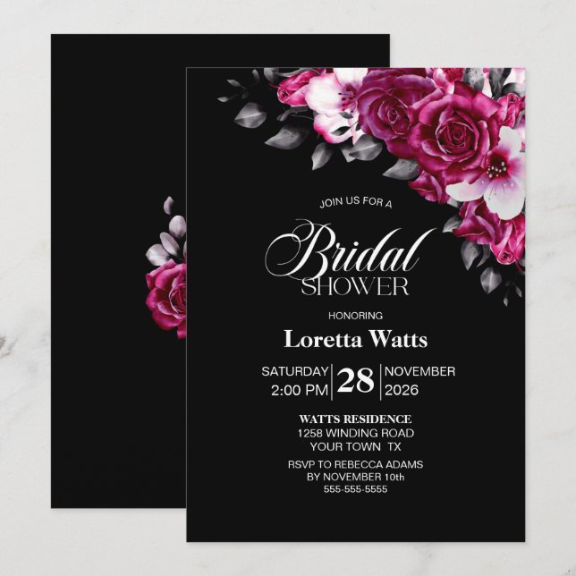 Invitation Elégante Fête des mariées rose florale noire (Devant / Derrière)